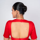 Red Round Neck Blouse with Back Square Cut and Elbow Sleeves - Anvi Couture