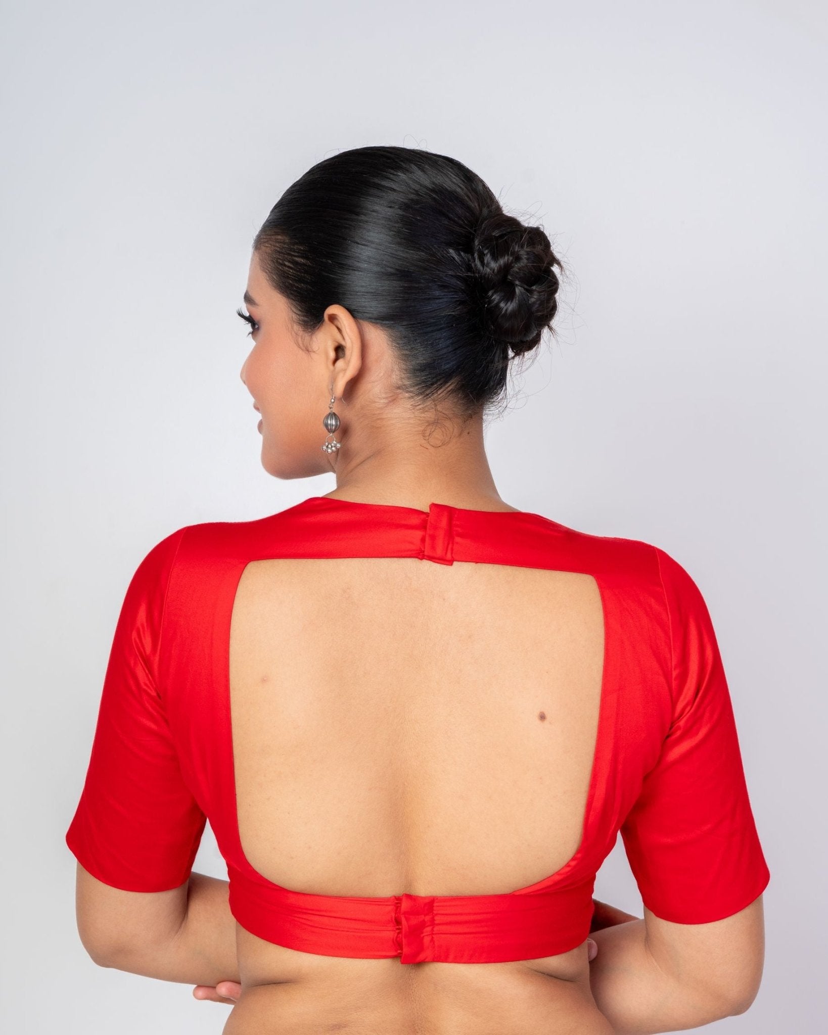 Red Round Neck Blouse with Back Square Cut and Elbow Sleeves - Anvi Couture