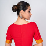Red Front and Back Boat Neck Blouse With Yellow Border Elbow Sleeves - Anvi Couture