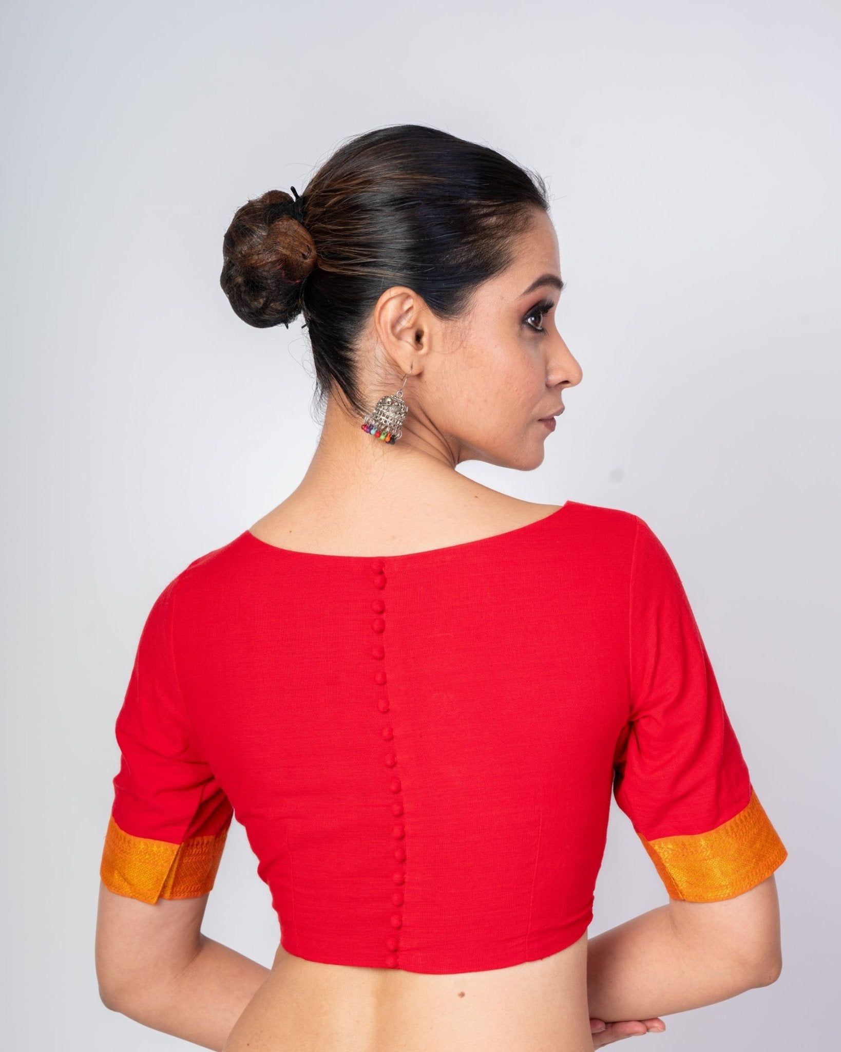 Red Front and Back Boat Neck Blouse With Yellow Border Elbow Sleeves - Anvi Couture