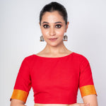 Red Front and Back Boat Neck Blouse With Yellow Border Elbow Sleeves - Anvi Couture