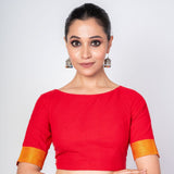 Red Front and Back Boat Neck Blouse With Yellow Border Elbow Sleeves - Anvi Couture