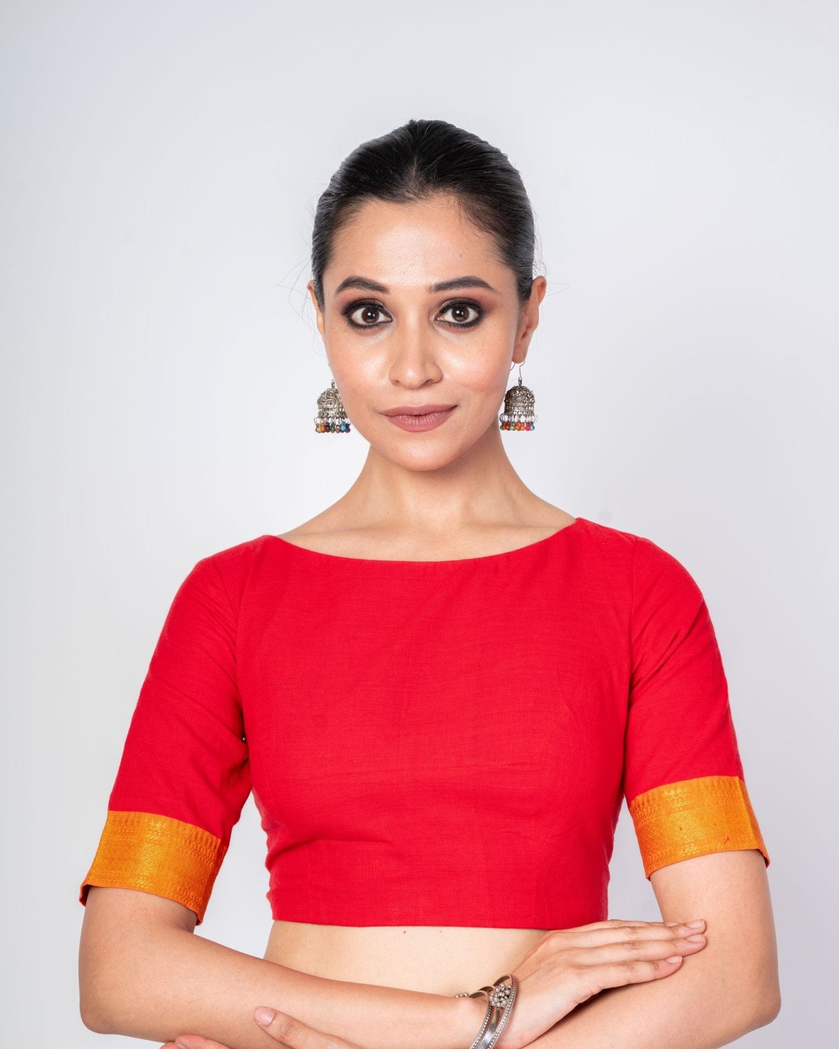 Red Front and Back Boat Neck Blouse With Yellow Border Elbow Sleeves - Anvi Couture