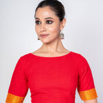 Red Front and Back Boat Neck Blouse With Yellow Border Elbow Sleeves - Anvi Couture