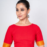 Red Front and Back Boat Neck Blouse With Yellow Border Elbow Sleeves - Anvi Couture
