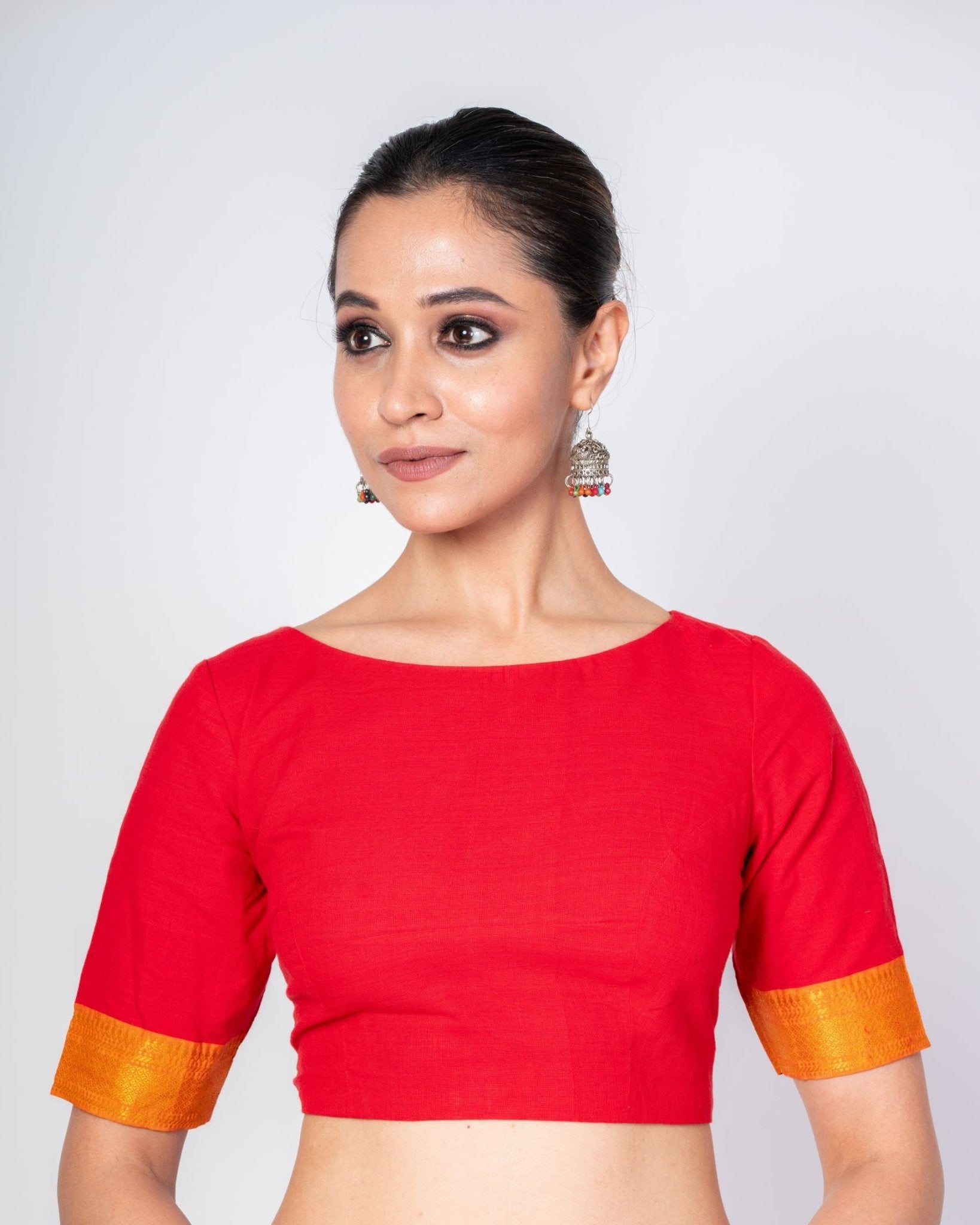 Red Front and Back Boat Neck Blouse With Yellow Border Elbow Sleeves - Anvi Couture