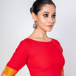 Red Front and Back Boat Neck Blouse With Yellow Border Elbow Sleeves - Anvi Couture