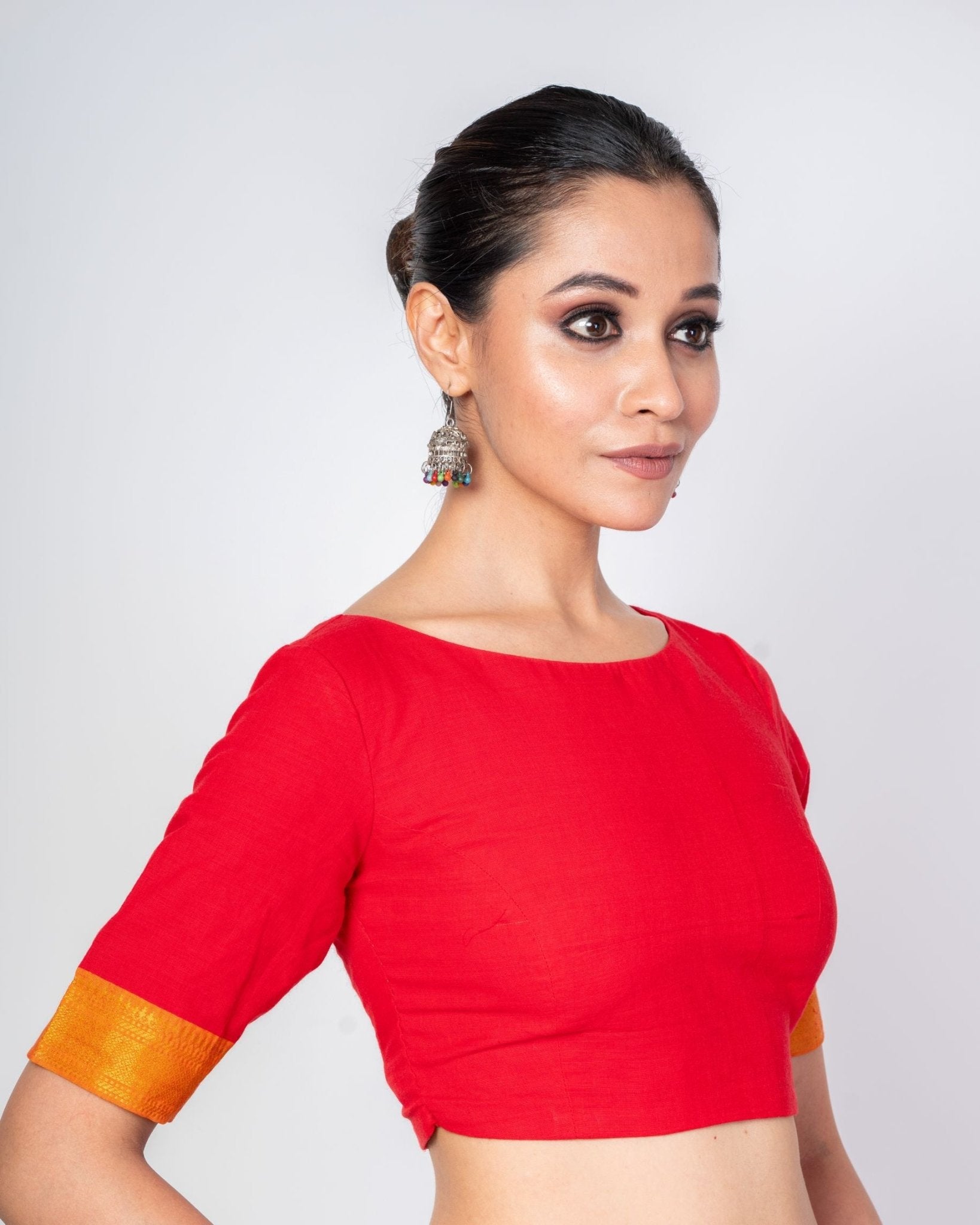 Red Front and Back Boat Neck Blouse With Yellow Border Elbow Sleeves - Anvi Couture