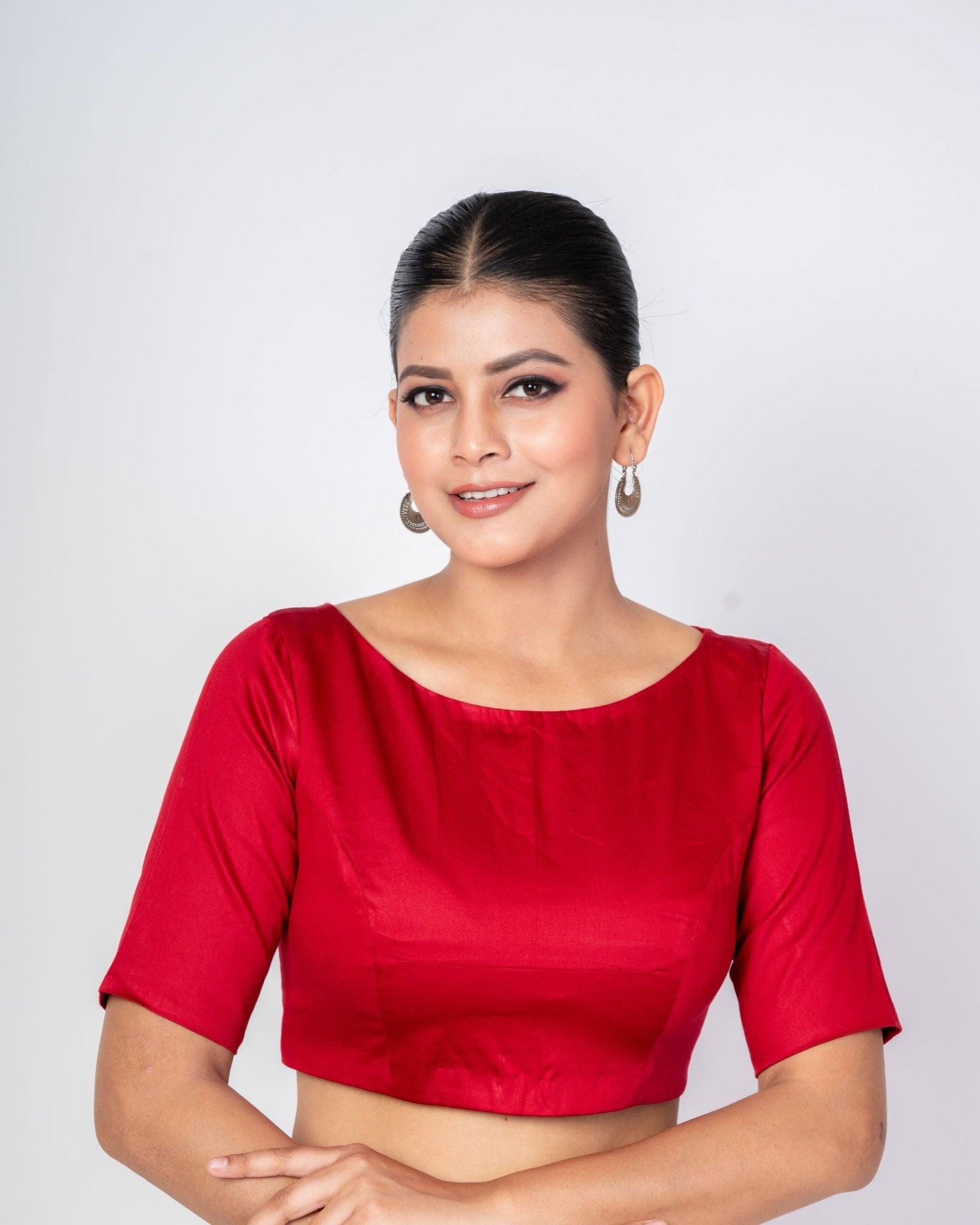 Maroon Front and Back Boat Neck Blouse with Elbow Sleeves - Anvi Couture