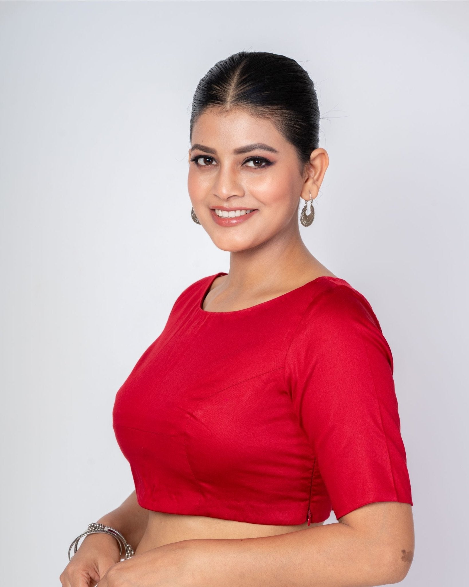 Maroon Front and Back Boat Neck Blouse with Elbow Sleeves - Anvi Couture