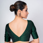 Dark Green Boat Neck Blouse with V Cut Back Closer Elbow Sleeve Blouse - Anvi Couture