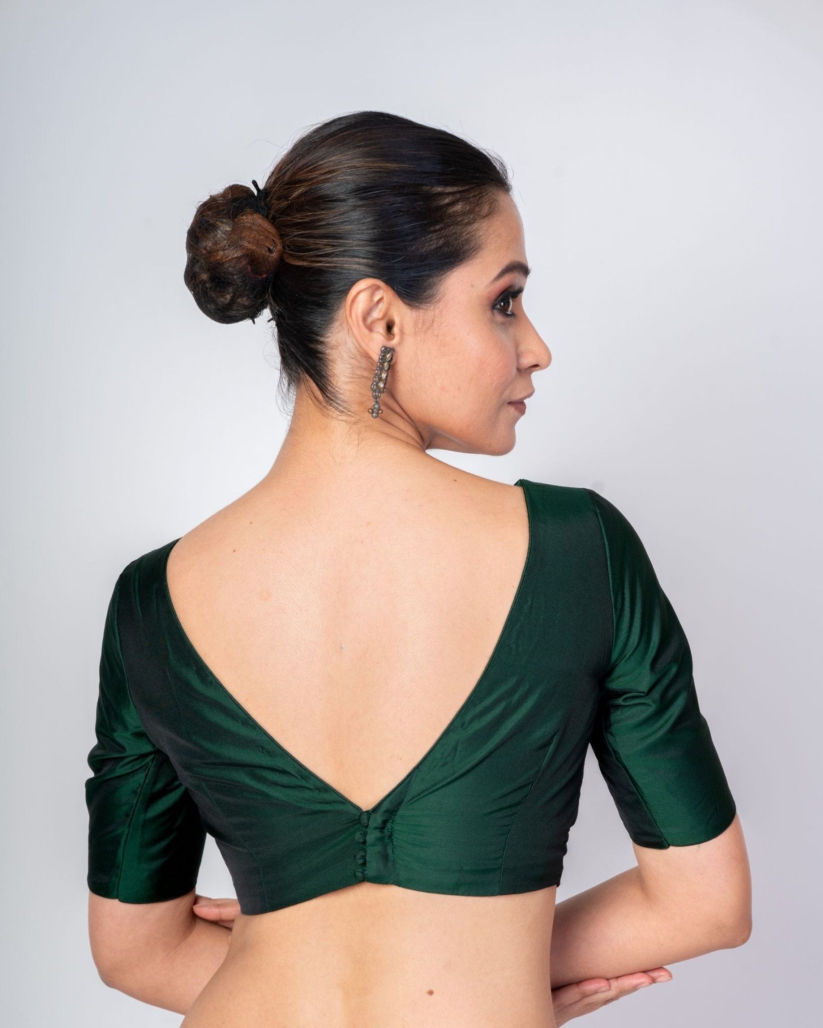Dark Green Boat Neck Blouse with V Cut Back Closer Elbow Sleeve Blouse - Anvi Couture