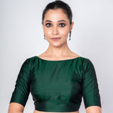 Dark Green Boat Neck Blouse with V Cut Back Closer Elbow Sleeve Blouse - Anvi Couture
