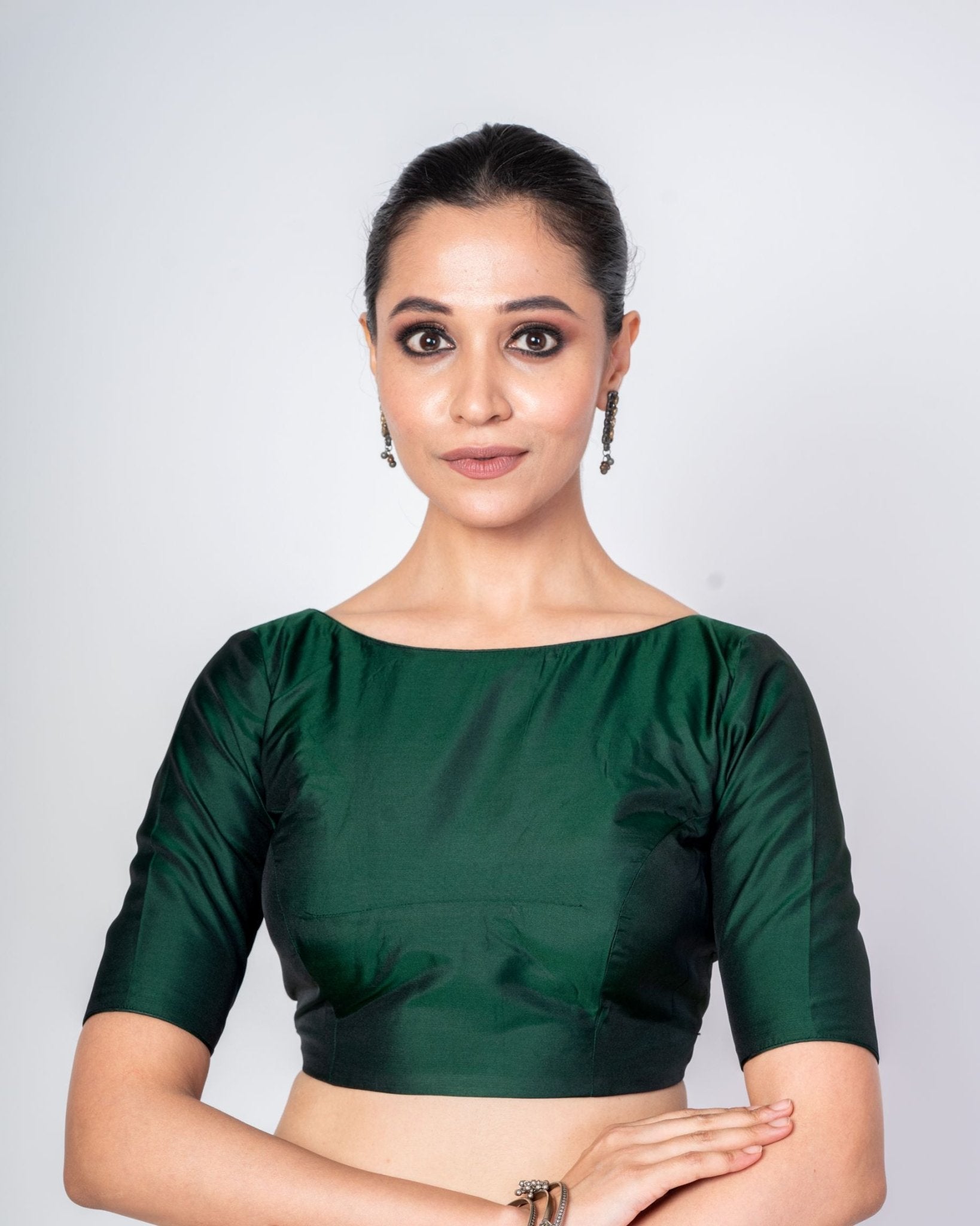 Dark Green Boat Neck Blouse with V Cut Back Closer Elbow Sleeve Blouse - Anvi Couture