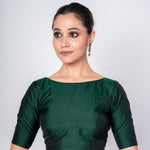 Dark Green Boat Neck Blouse with V Cut Back Closer Elbow Sleeve Blouse - Anvi Couture