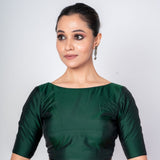 Dark Green Boat Neck Blouse with V Cut Back Closer Elbow Sleeve Blouse - Anvi Couture