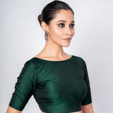Dark Green Boat Neck Blouse with V Cut Back Closer Elbow Sleeve Blouse - Anvi Couture