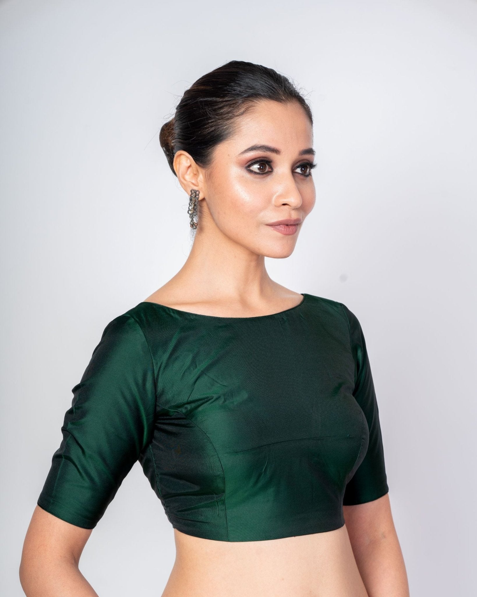 Dark Green Boat Neck Blouse with V Cut Back Closer Elbow Sleeve Blouse - Anvi Couture