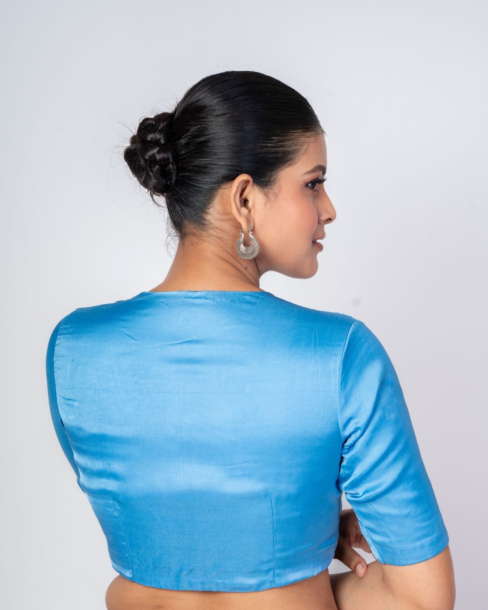Sky Blue Scoop Neck Blouse With Elbow Sleeves - Anvi Couture