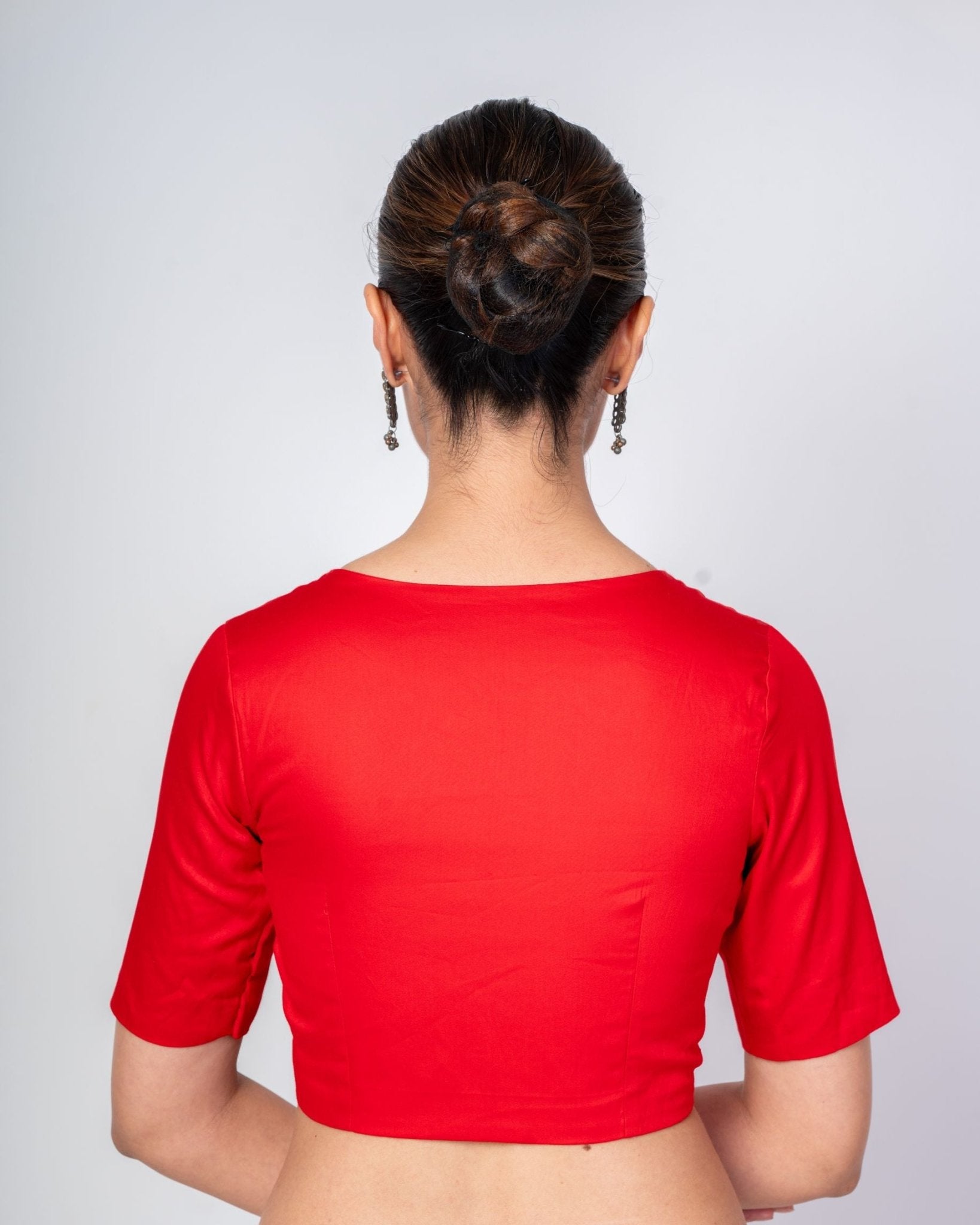 Corporate or Office Wear Red V-Neck Blouse with Elbow Sleeves - Anvi Couture Image 4