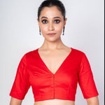 Red V-Neck Cotton Silk Blouse with Elbow Sleeves - Anvi Couture Image 1