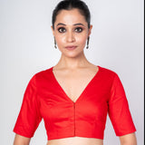Red V-Neck Cotton Silk Blouse with Elbow Sleeves - Anvi Couture Image 1