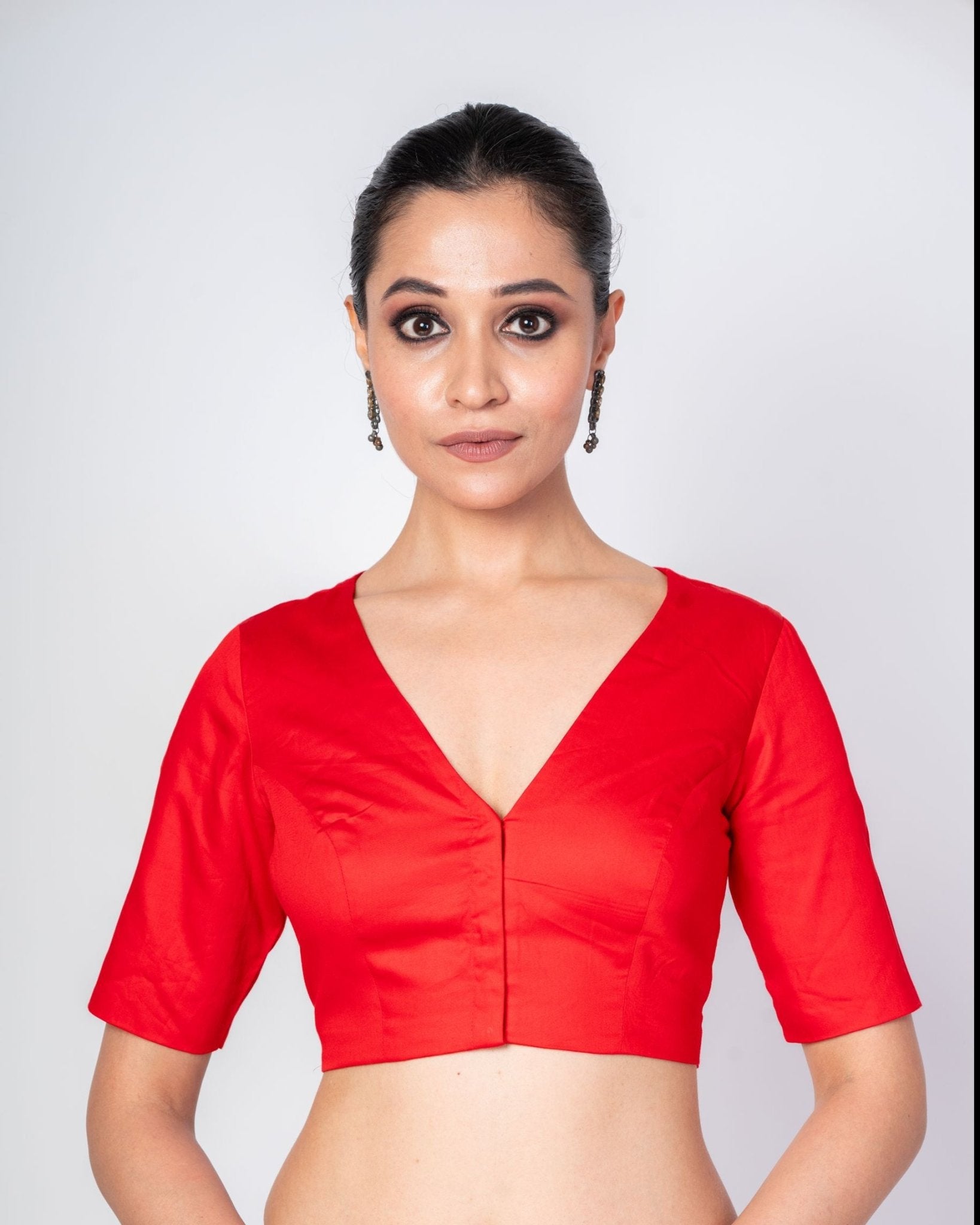 Red V-Neck Cotton Silk Blouse with Elbow Sleeves - Anvi Couture Image 1