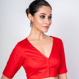 Red V Neck Premium Cotton Silk Blouse - Anvi Couture Image 2
