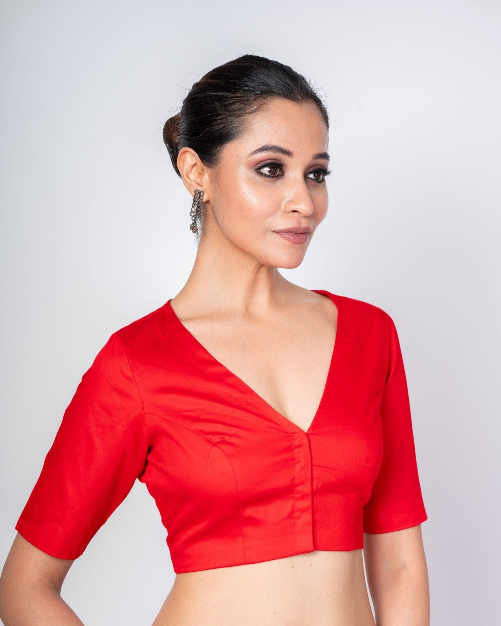 Red V Neck Blouse With Elbow Sleeves - Anvi Couture