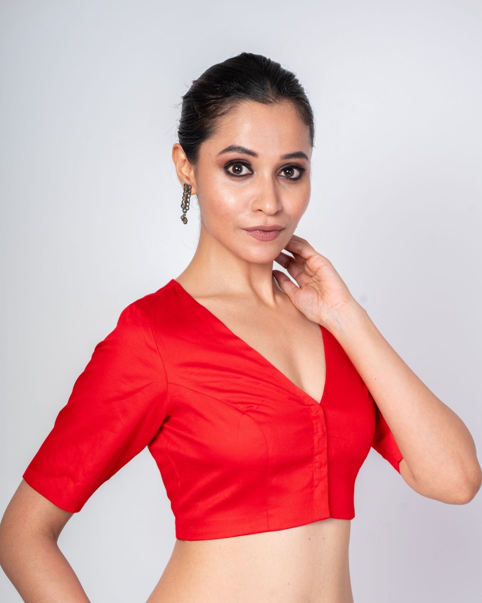 Red V Neck Blouse With Elbow Sleeves - Anvi Couture