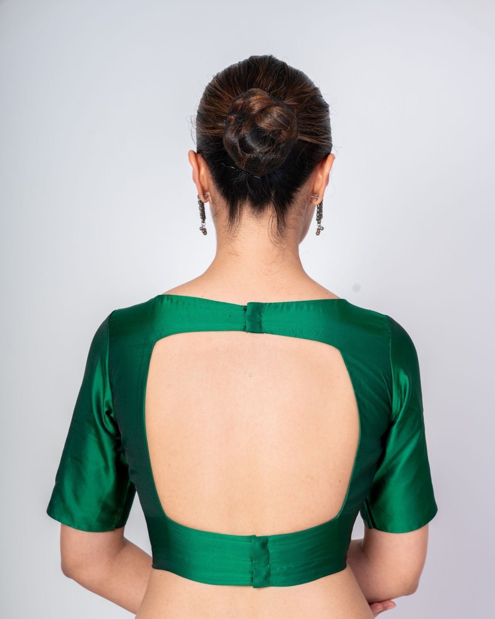Dark Green Boat Neck Blouse with Square Cut Back 