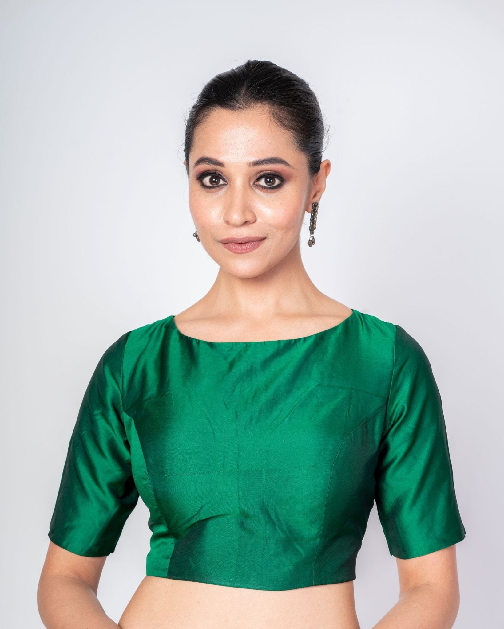 Dark Green Boat Neck Blouse With Square Cut Back Closer - Anvi Couture