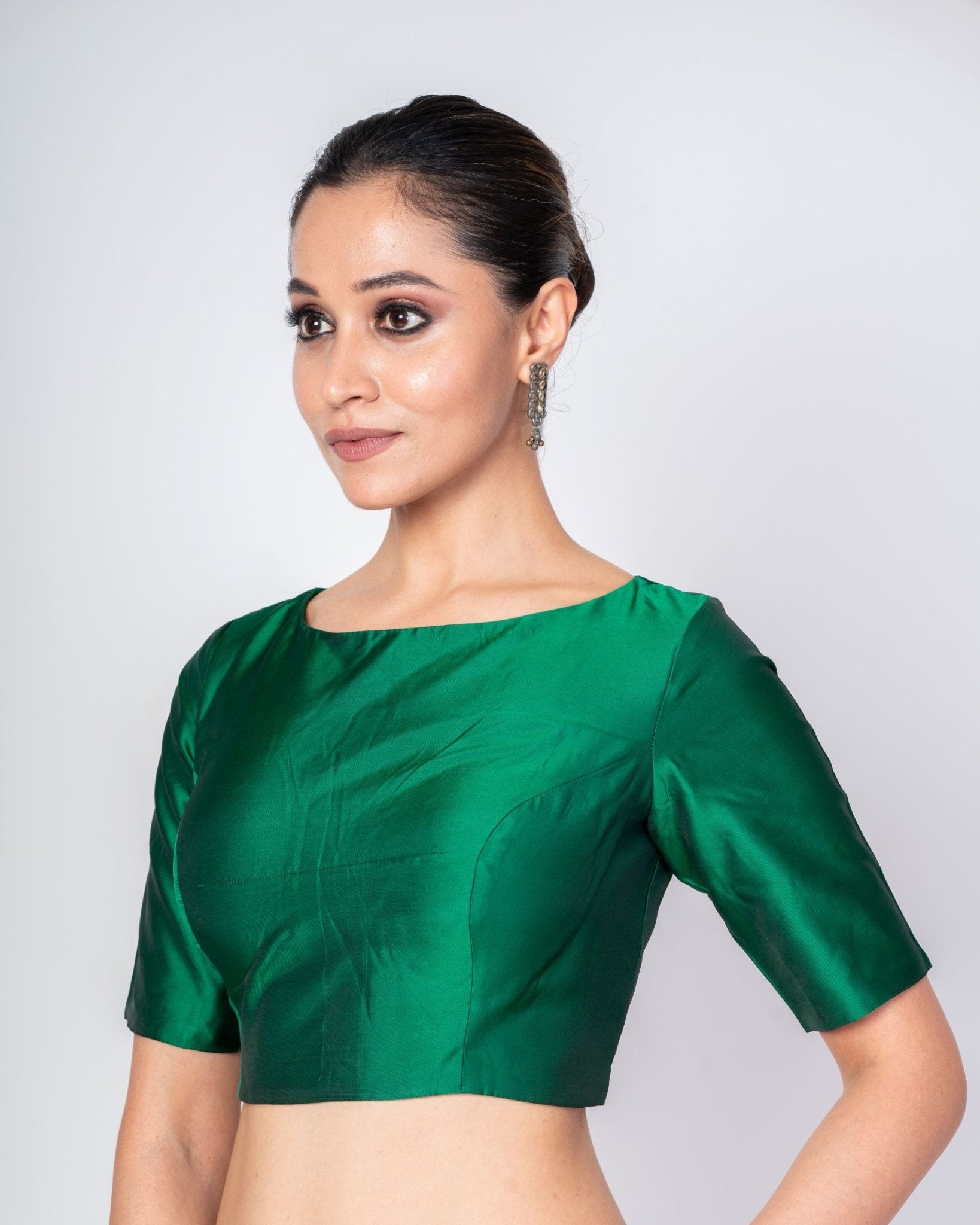 Dark Green Boat Neck Blouse With Square Cut Back Closer - Anvi Couture