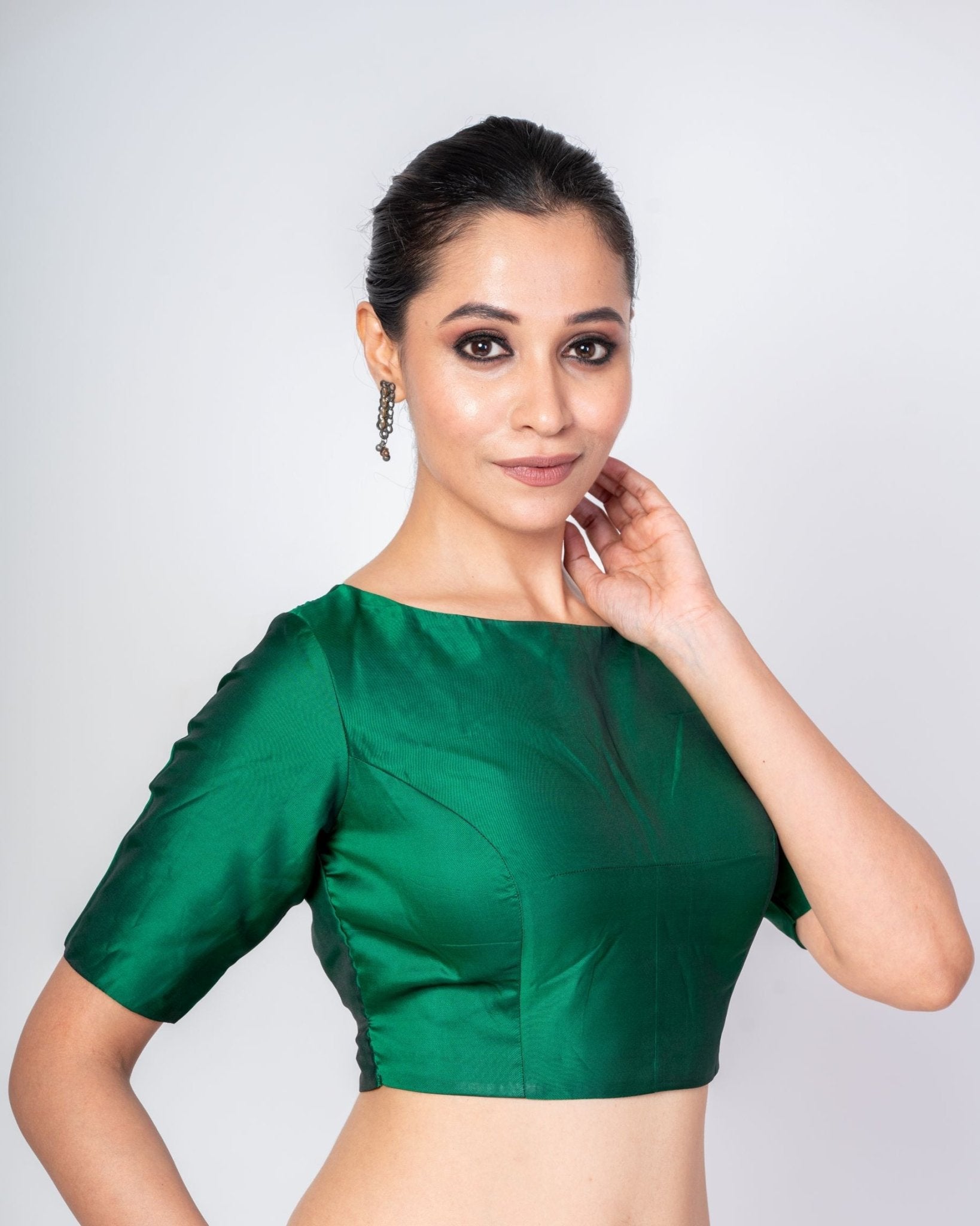 Dark Green Boat Neck Blouse With Square Cut Back Closer - Anvi Couture