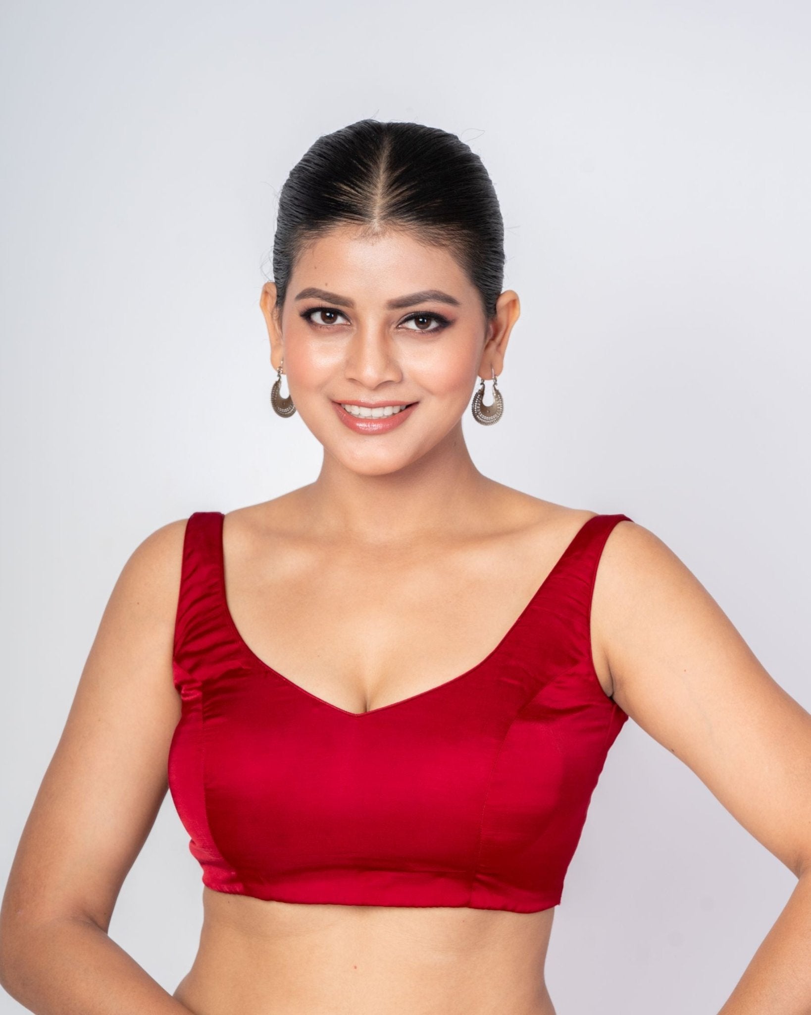 Maroon Sweetheart Sleeveless Blouse in Satin Silk - Anvi Couture
