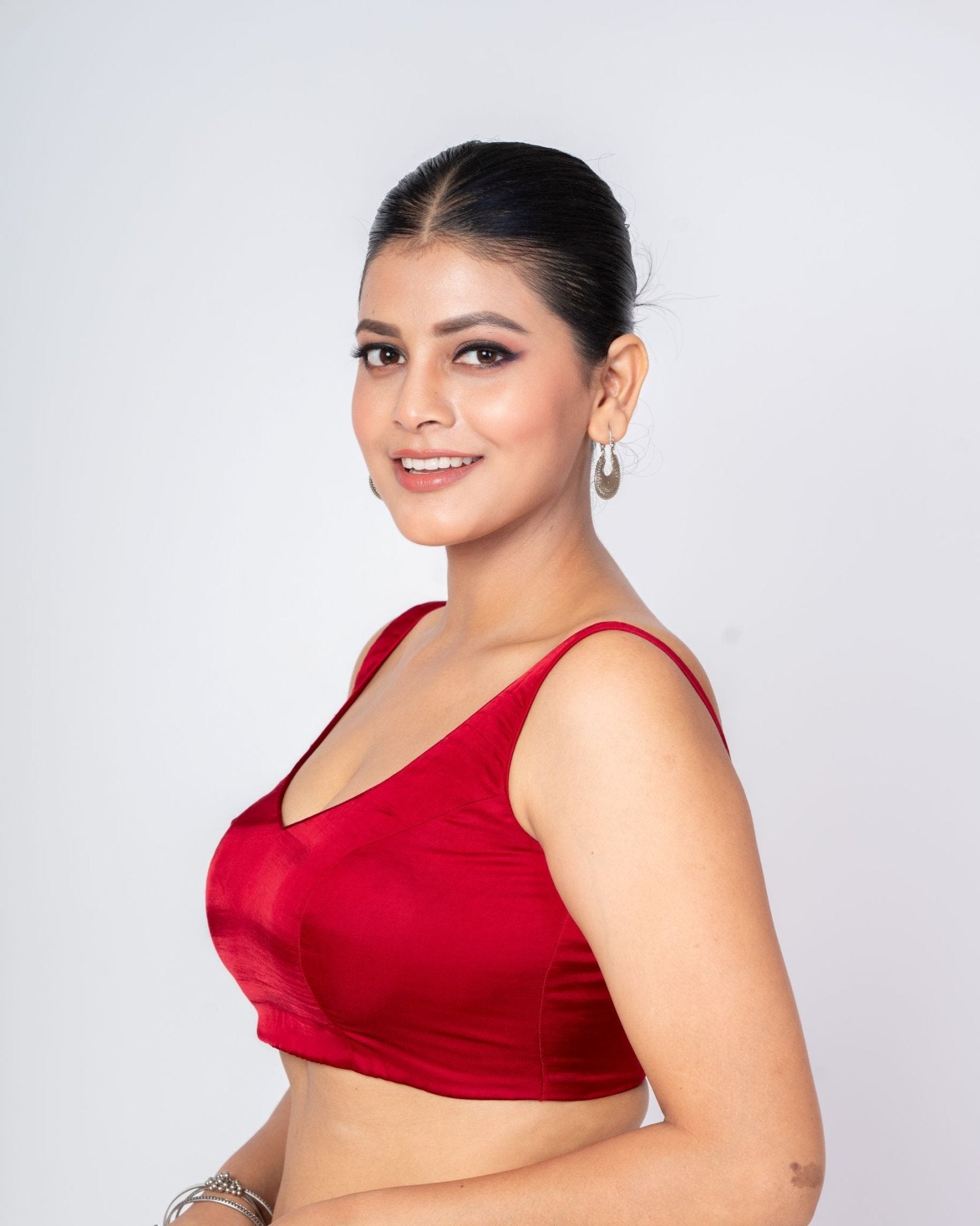 Maroon Sweetheart Sleeveless Blouse in Satin Silk - Anvi Couture