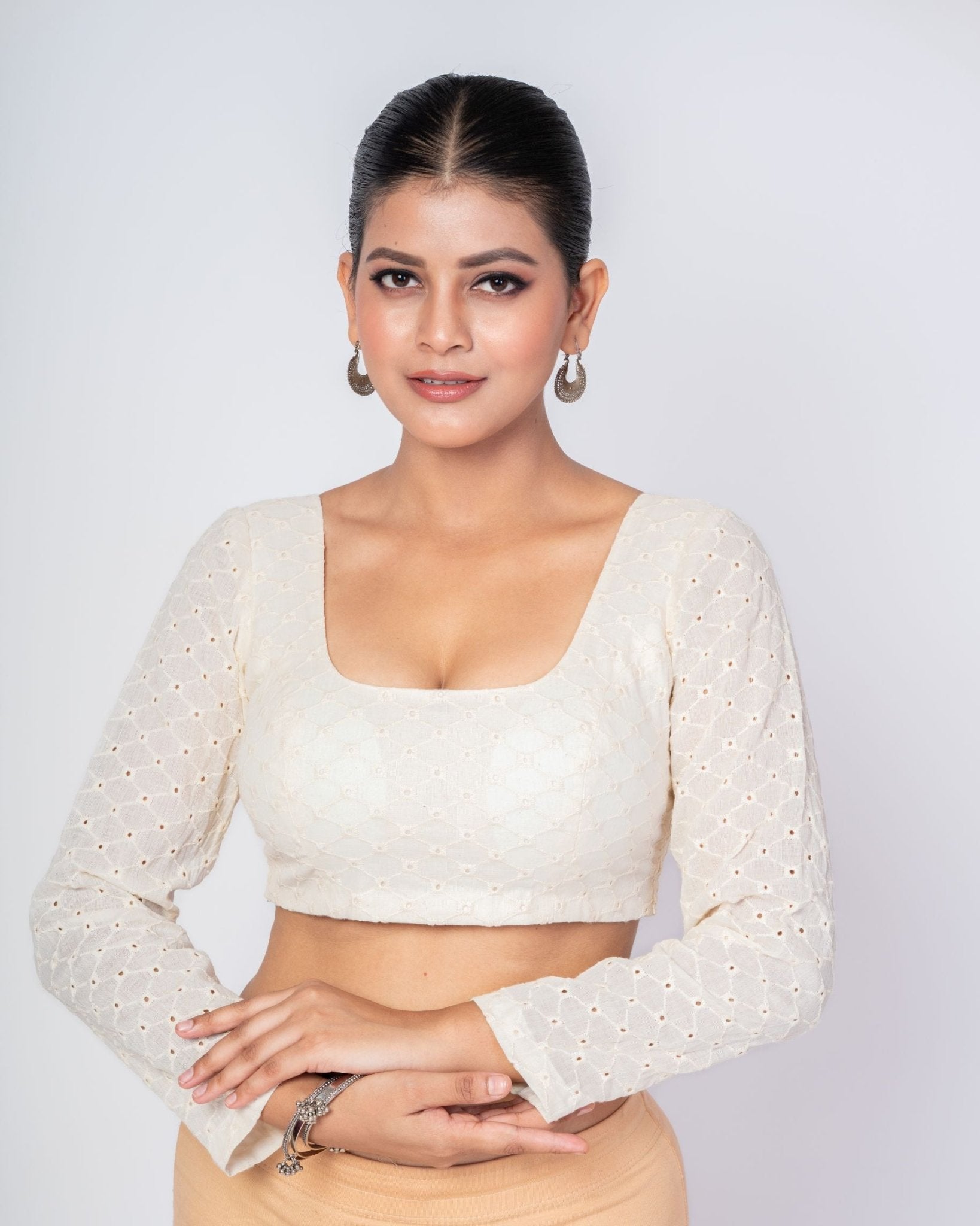 White Hakoba Full Sleeves Blouse Front Square Neck Blouse with Back Closure - Anvi Couture