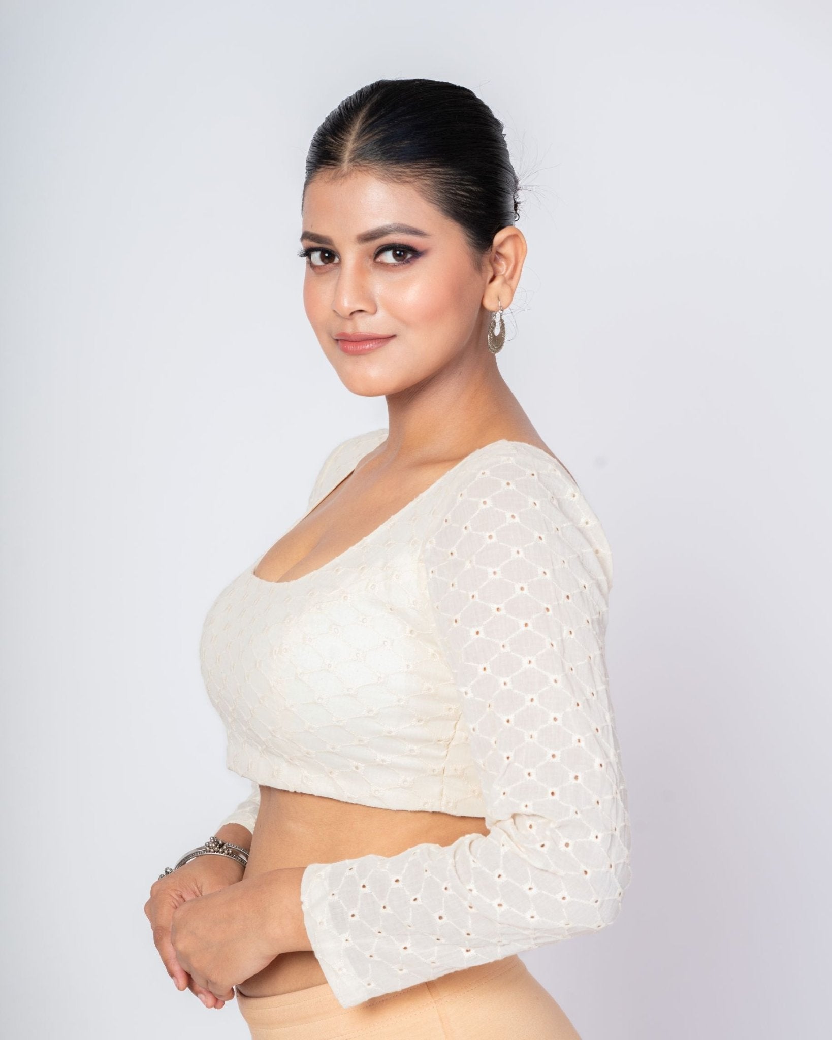 White Hakoba Full Sleeves Blouse Front Square Neck Blouse with Back Closure - Anvi Couture