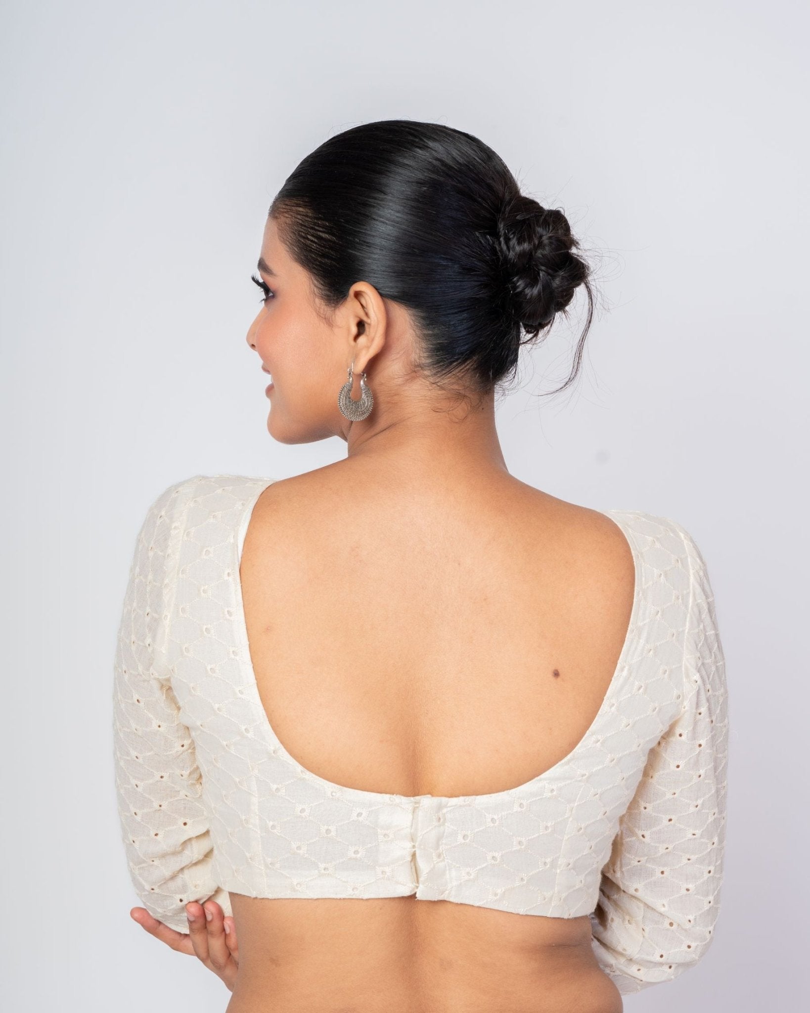 White Hakoba Full Sleeves Blouse Front Square Neck Blouse with Back Closure - Anvi Couture