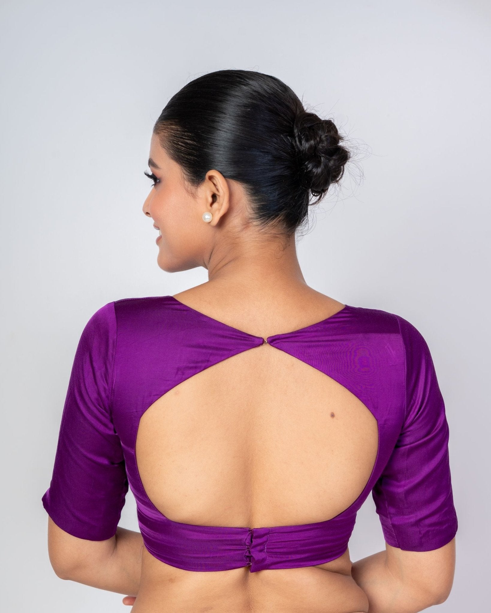 Purple Boat Neck Blouse with Temple Back Cut - Out and Elbow - Length Sleeves - Anvi Couture