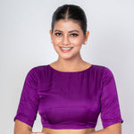 Purple Boat Neck Blouse with Temple Back Cut - Out and Elbow - Length Sleeves - Anvi Couture