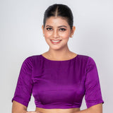 Purple Boat Neck Blouse with Temple Back Cut - Out and Elbow - Length Sleeves - Anvi Couture