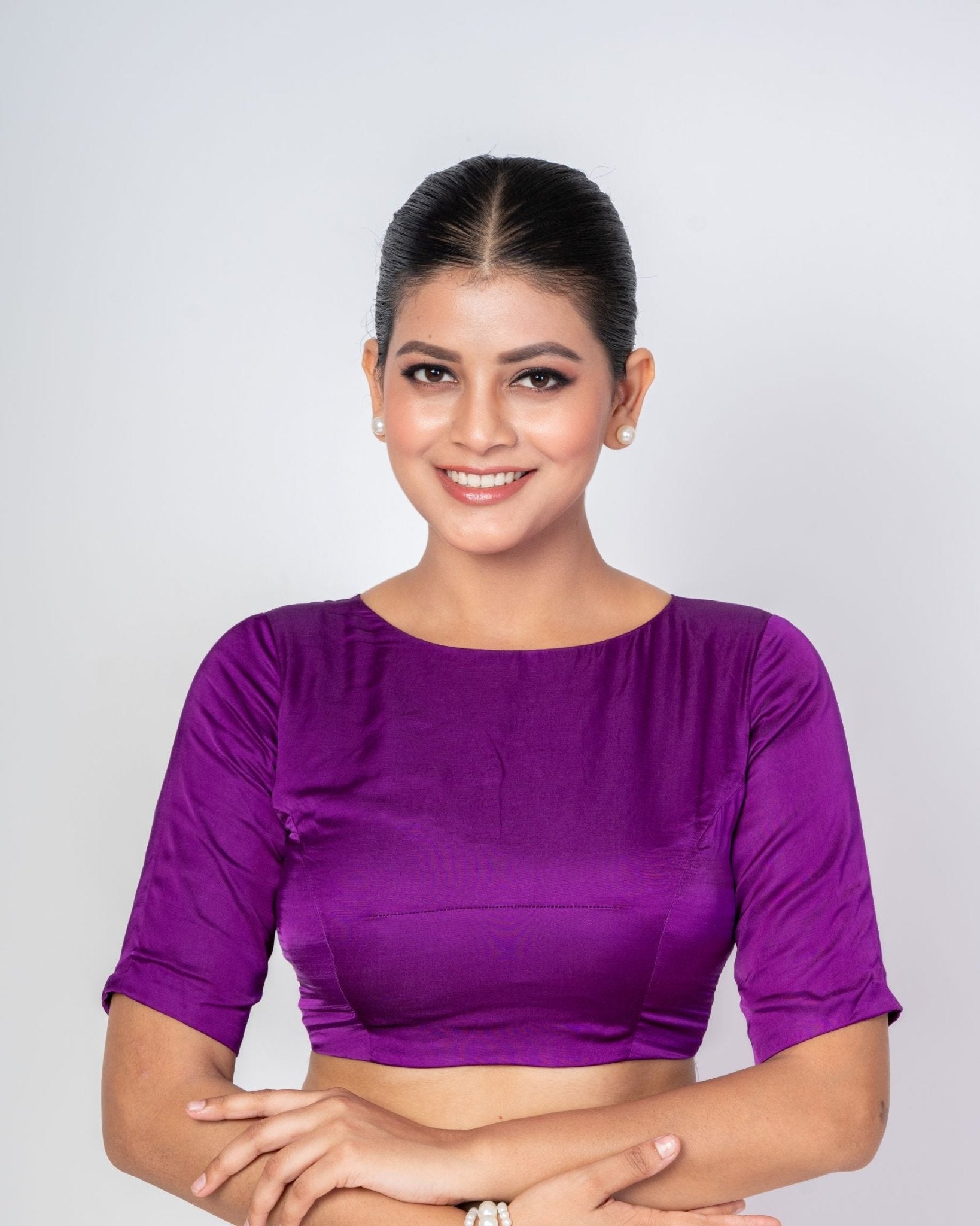 Purple Boat Neck Blouse with Temple Back Cut - Out and Elbow - Length Sleeves - Anvi Couture