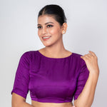 Purple Boat Neck Blouse with Temple Back Cut - Out and Elbow - Length Sleeves - Anvi Couture