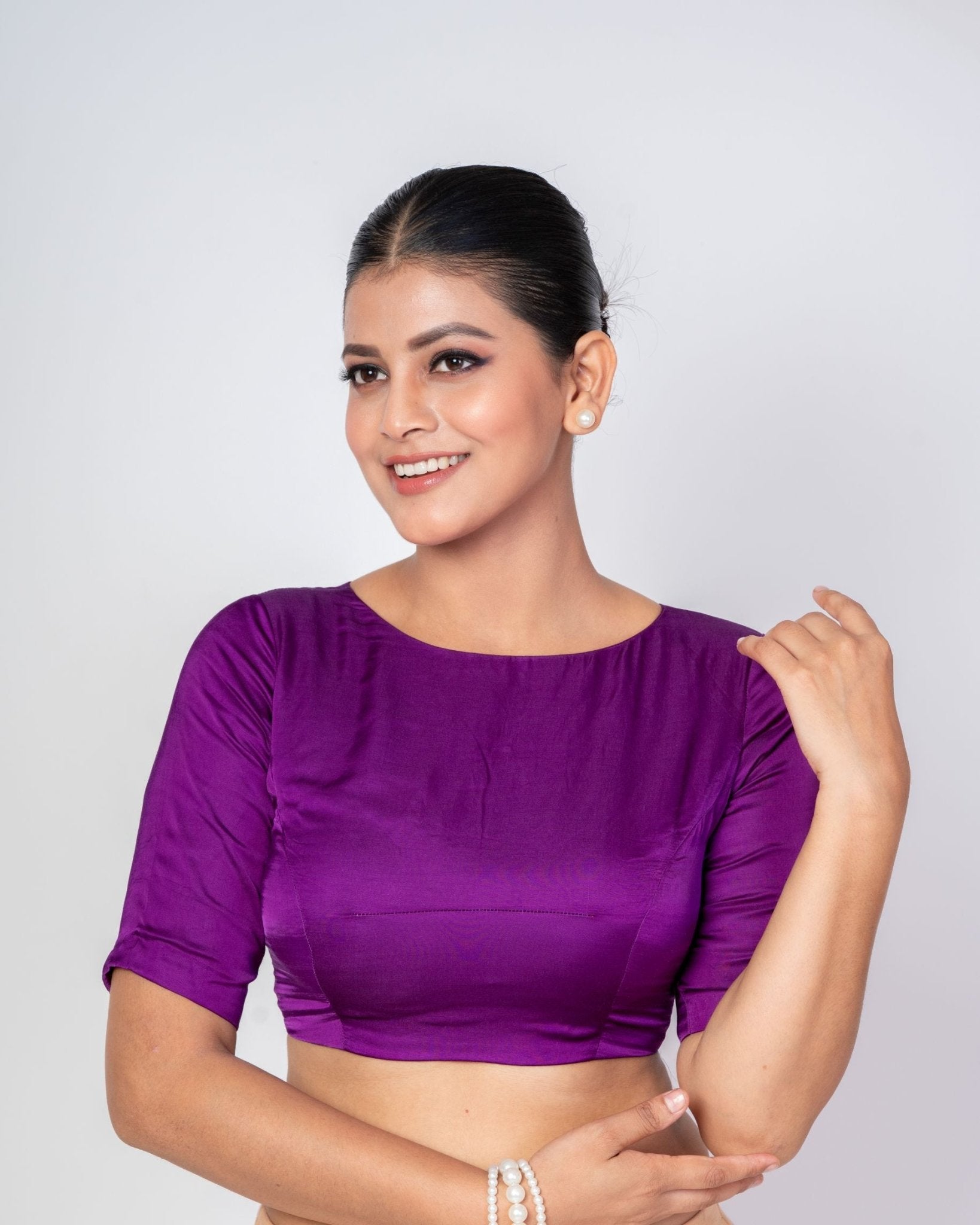 Purple Boat Neck Blouse with Temple Back Cut - Out and Elbow - Length Sleeves - Anvi Couture
