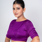 Purple Boat Neck Blouse with Temple Back Cut - Out and Elbow - Length Sleeves - Anvi Couture