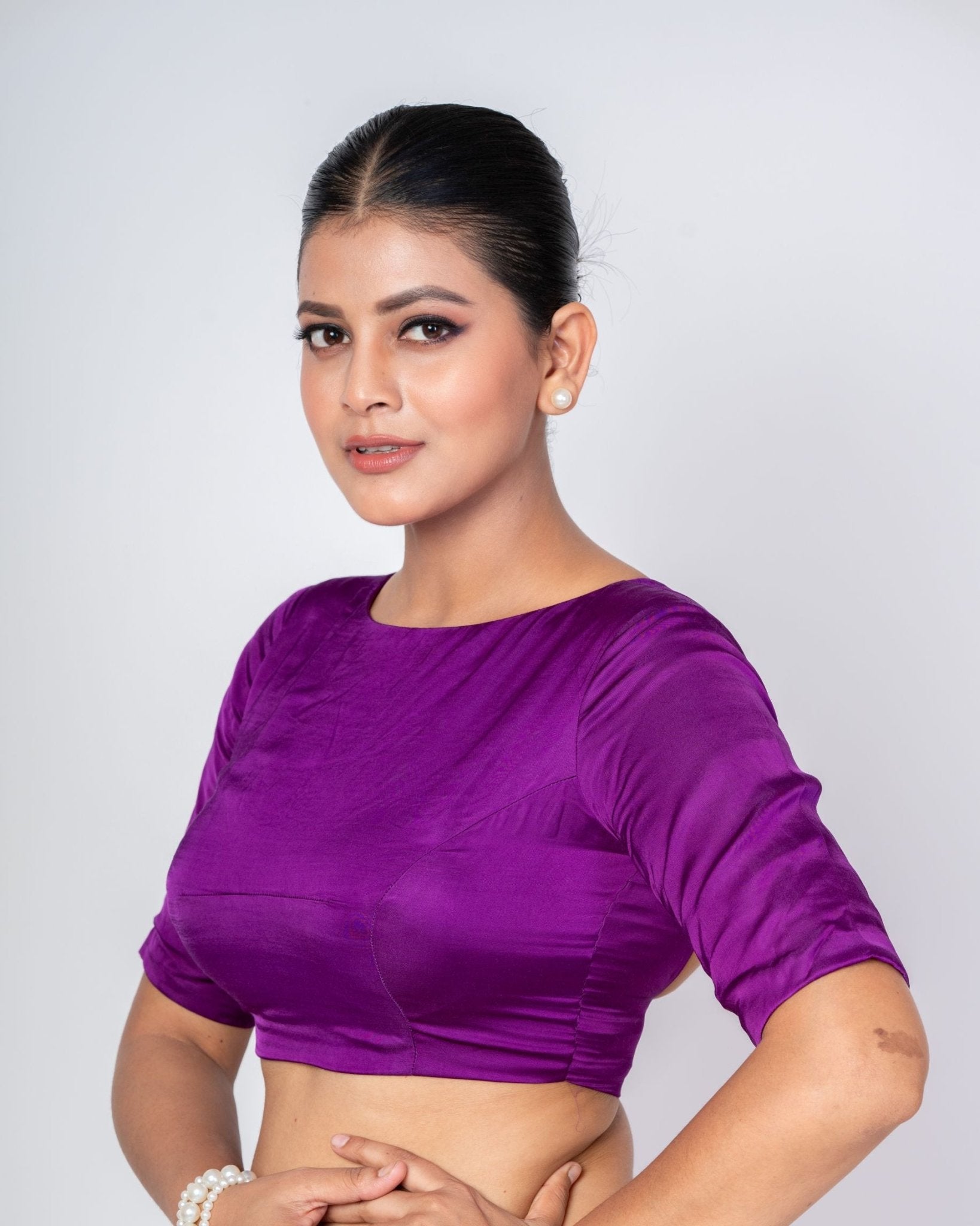 Purple Boat Neck Blouse with Temple Back Cut - Out and Elbow - Length Sleeves - Anvi Couture