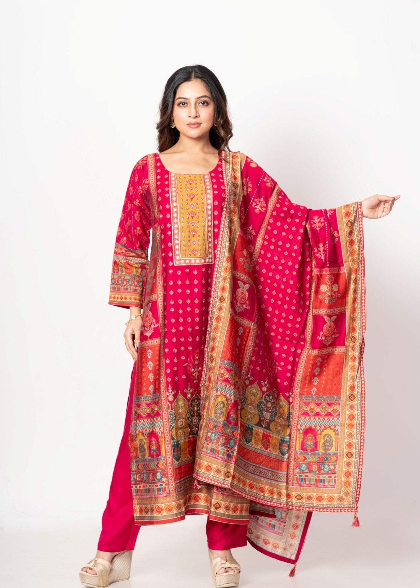 Elegant Pink Printed Silk Kurta Set with Straight Pants & Dupatta - Anvi Couture