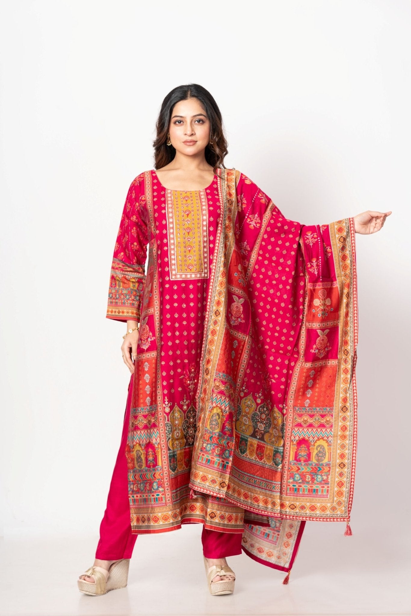 Elegant Pink Printed Silk Kurta Set with Straight Pants & Dupatta - Anvi Couture