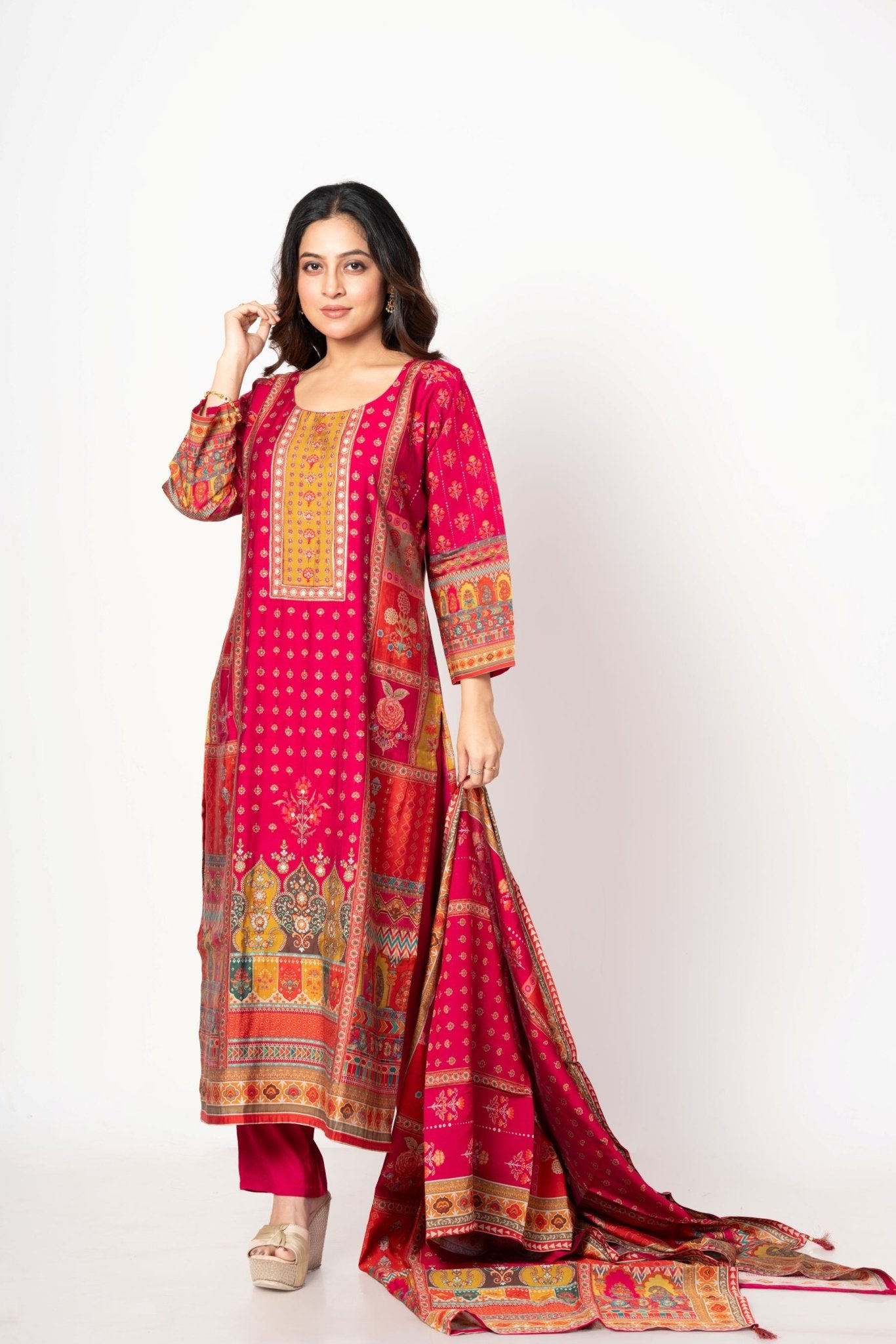 Elegant Pink Printed Silk Kurta Set with Straight Pants & Dupatta - Anvi Couture